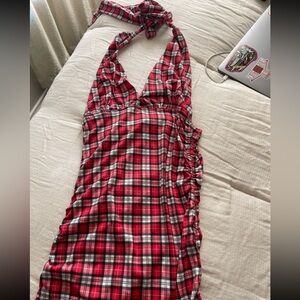Red plaid bodycon halter dress